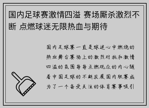 国内足球赛激情四溢 赛场厮杀激烈不断 点燃球迷无限热血与期待